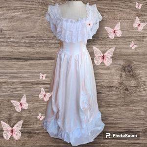 GUNNE SAX VINTAGE 80s Womens Pink Striped Southern Belle Lace Trom Dress